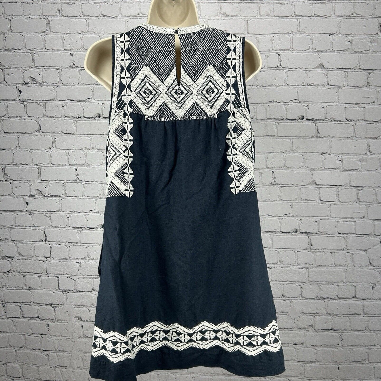 Madewell Blue White Aztec Embroidered Sleeveless Midi Shift Dress Size Small S