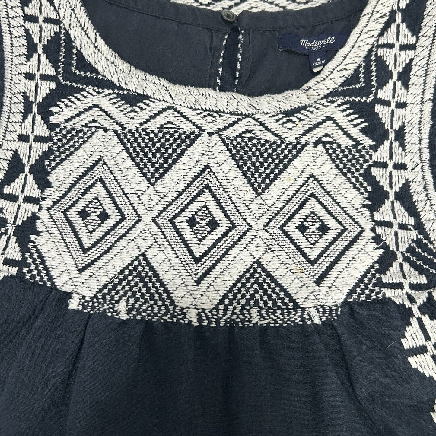 Madewell Blue White Aztec Embroidered Sleeveless Midi Shift Dress Size Small S