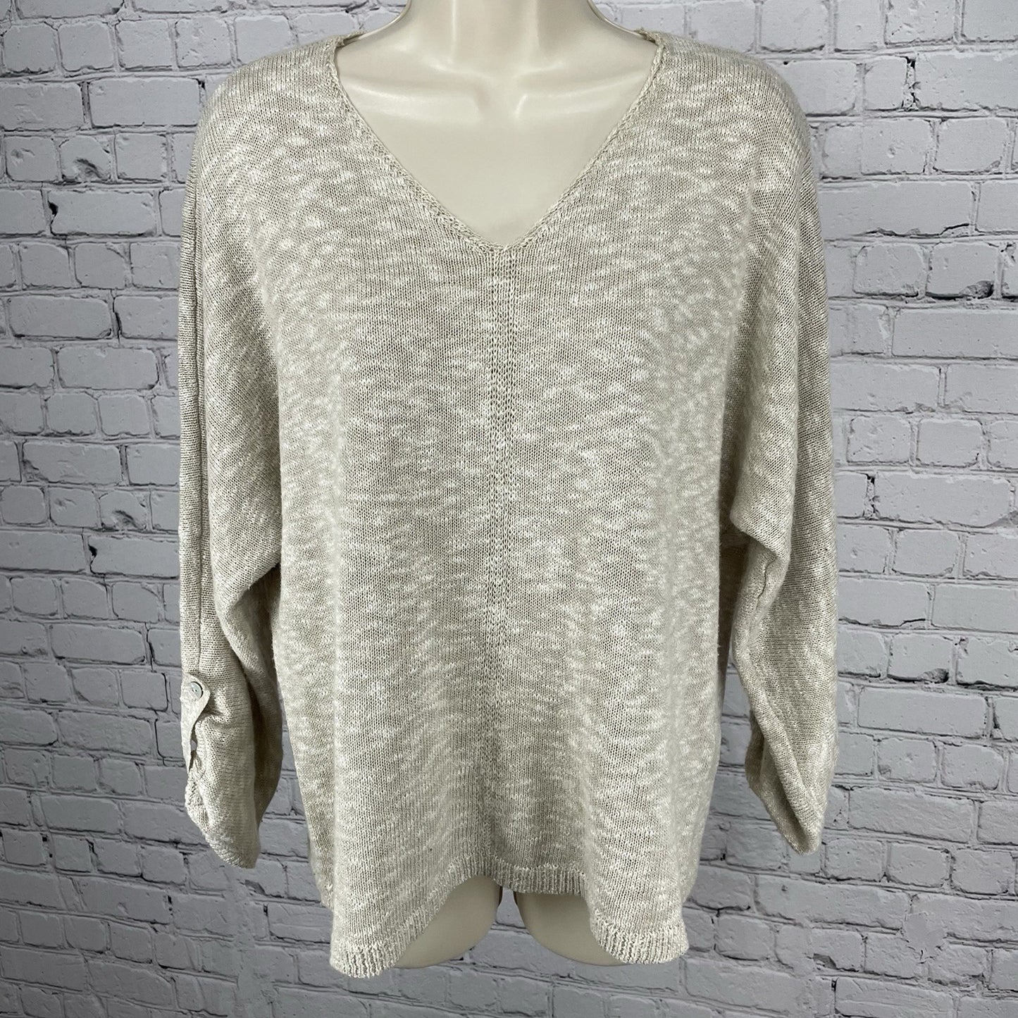 Chico’s Beige Knit Pullover Lightweight Roll Tab 3/4 Sleeve Sweater Size 2 US 12