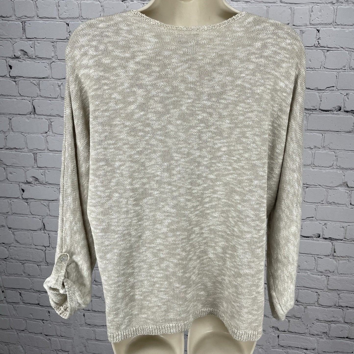 Chico’s Beige Knit Pullover Lightweight Roll Tab 3/4 Sleeve Sweater Size 2 US 12