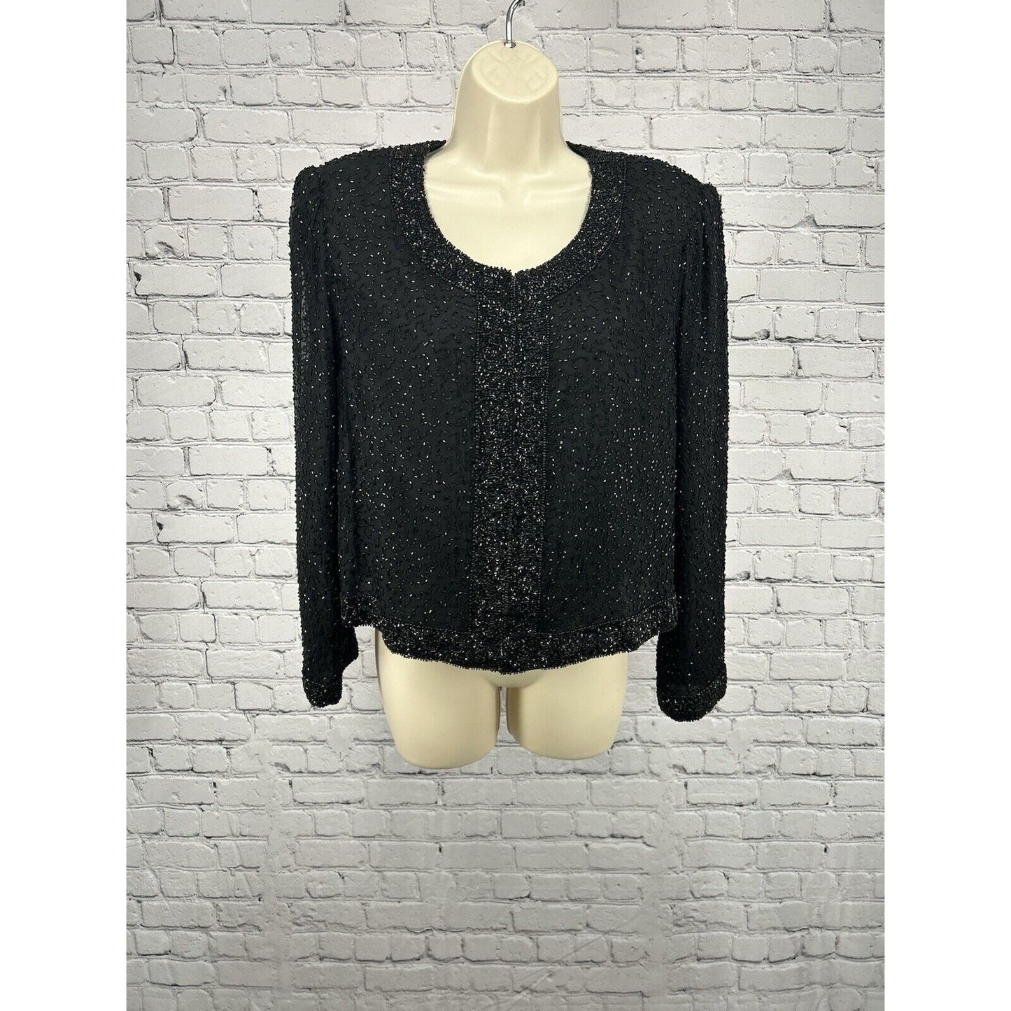 VTG Sténay 100% Silk Black Hook & Eye Closure Beaded Long Sleeve Jacket L
