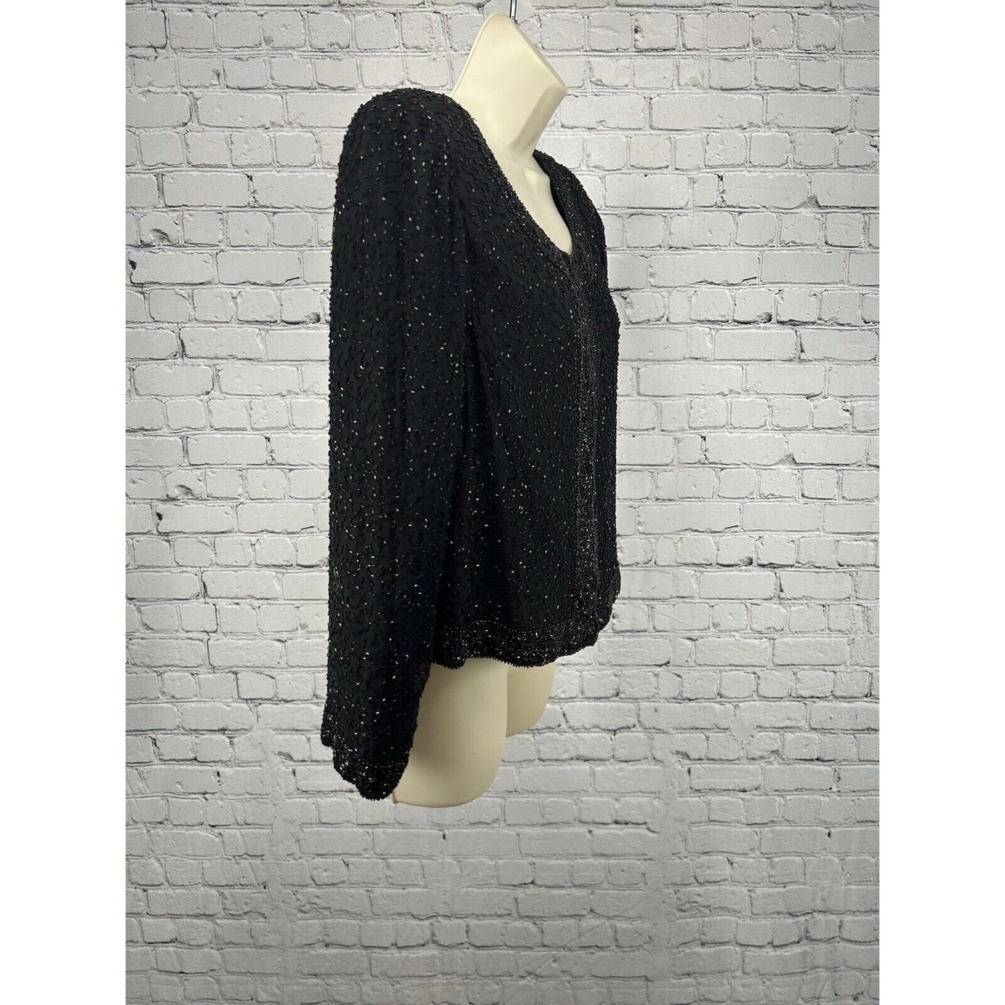 VTG Sténay 100% Silk Black Hook & Eye Closure Beaded Long Sleeve Jacket L