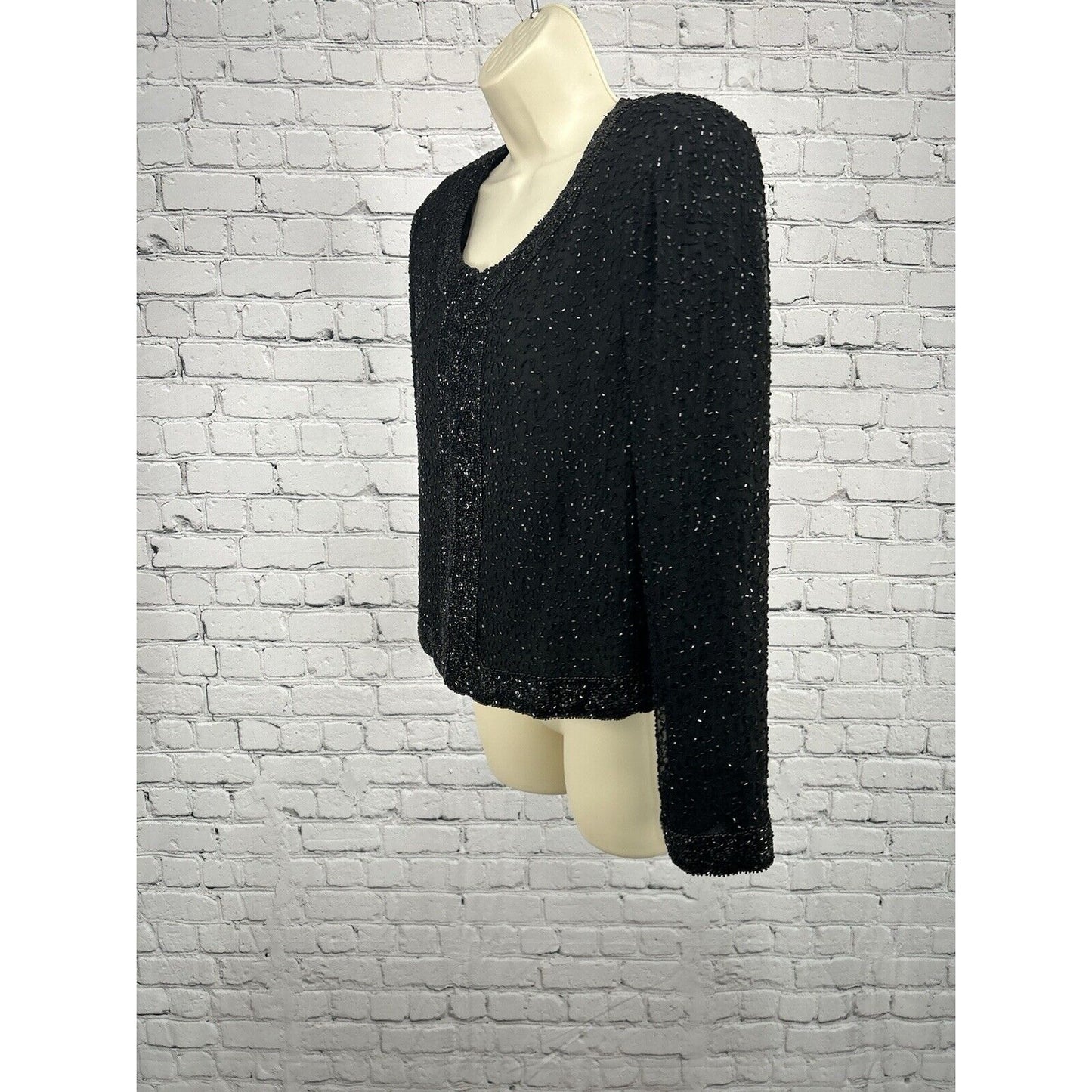 VTG Sténay 100% Silk Black Hook & Eye Closure Beaded Long Sleeve Jacket L