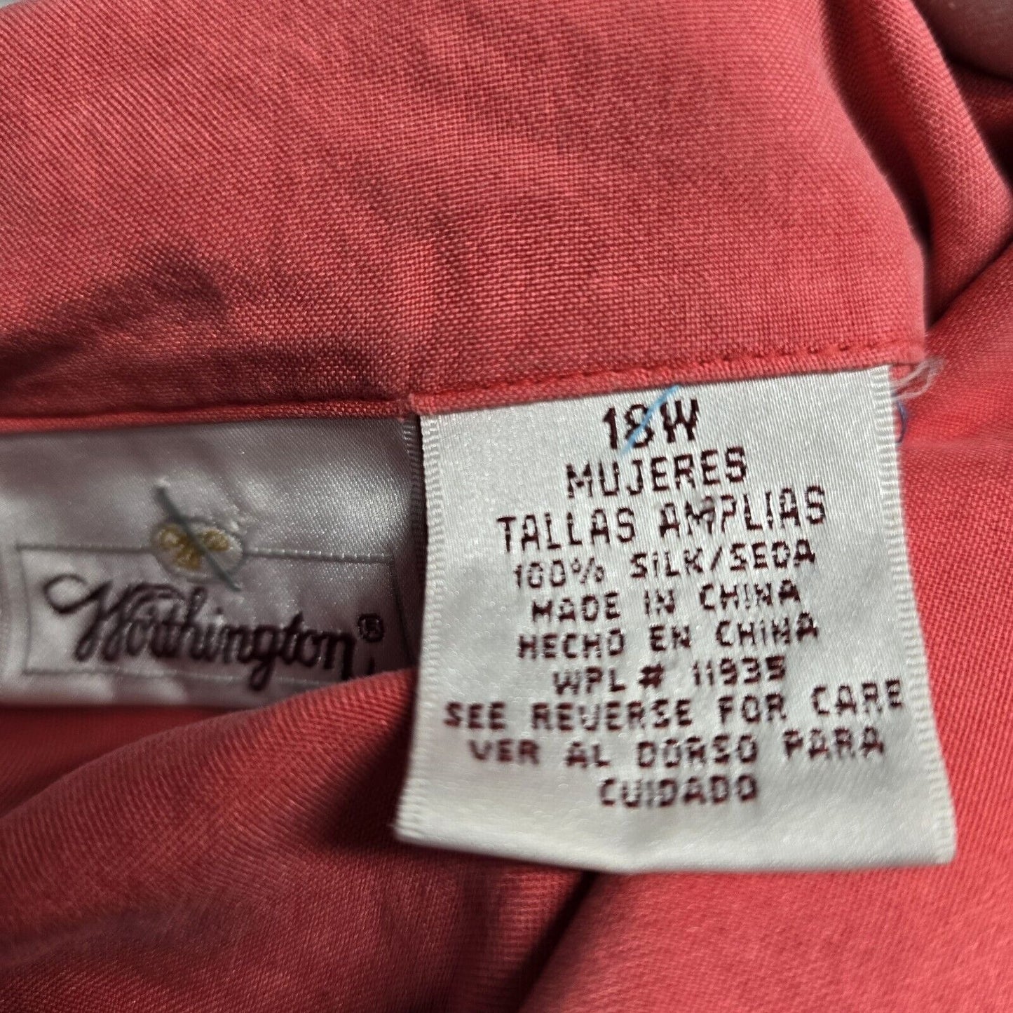 VTG Worthington 100% Silk Coral Blouse Faux Pockets & Pearl Buttons Size 18W