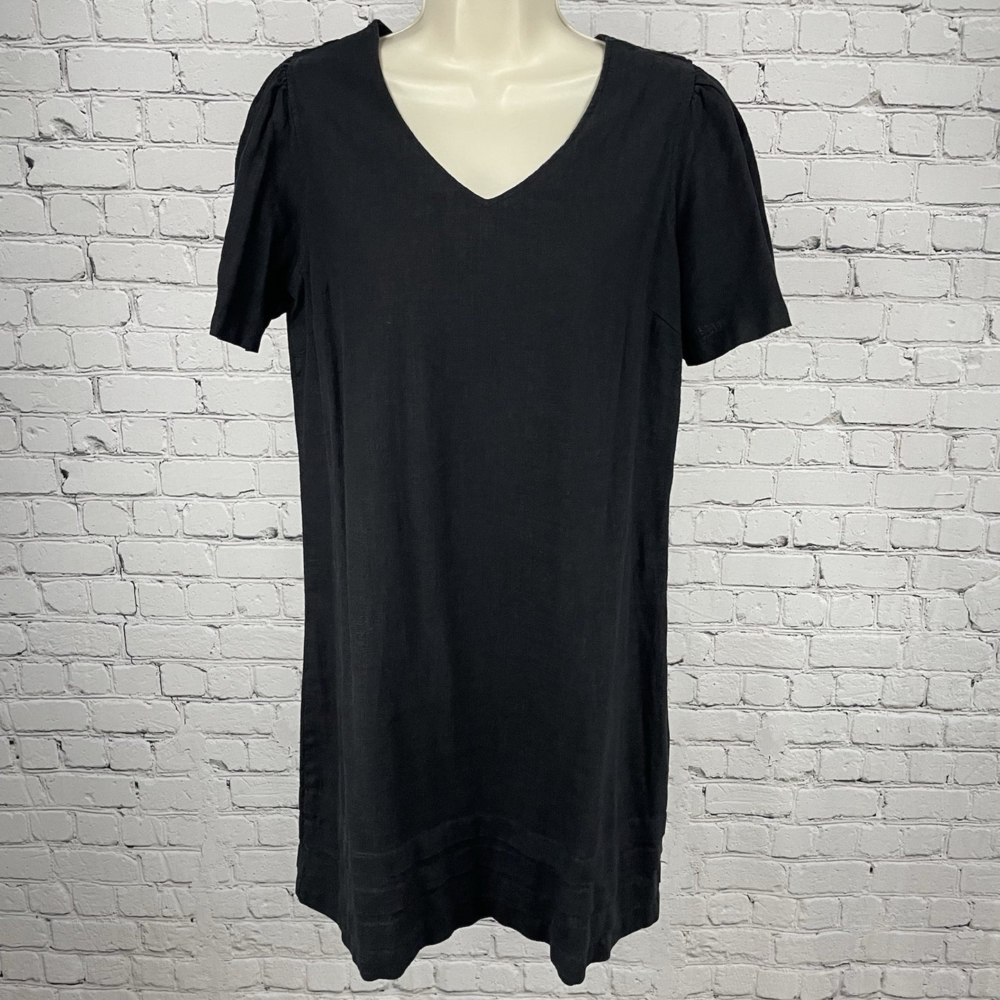 Nicole Miller Original Black Linen Blend Ruched Short Sleeve Dress Size Small S