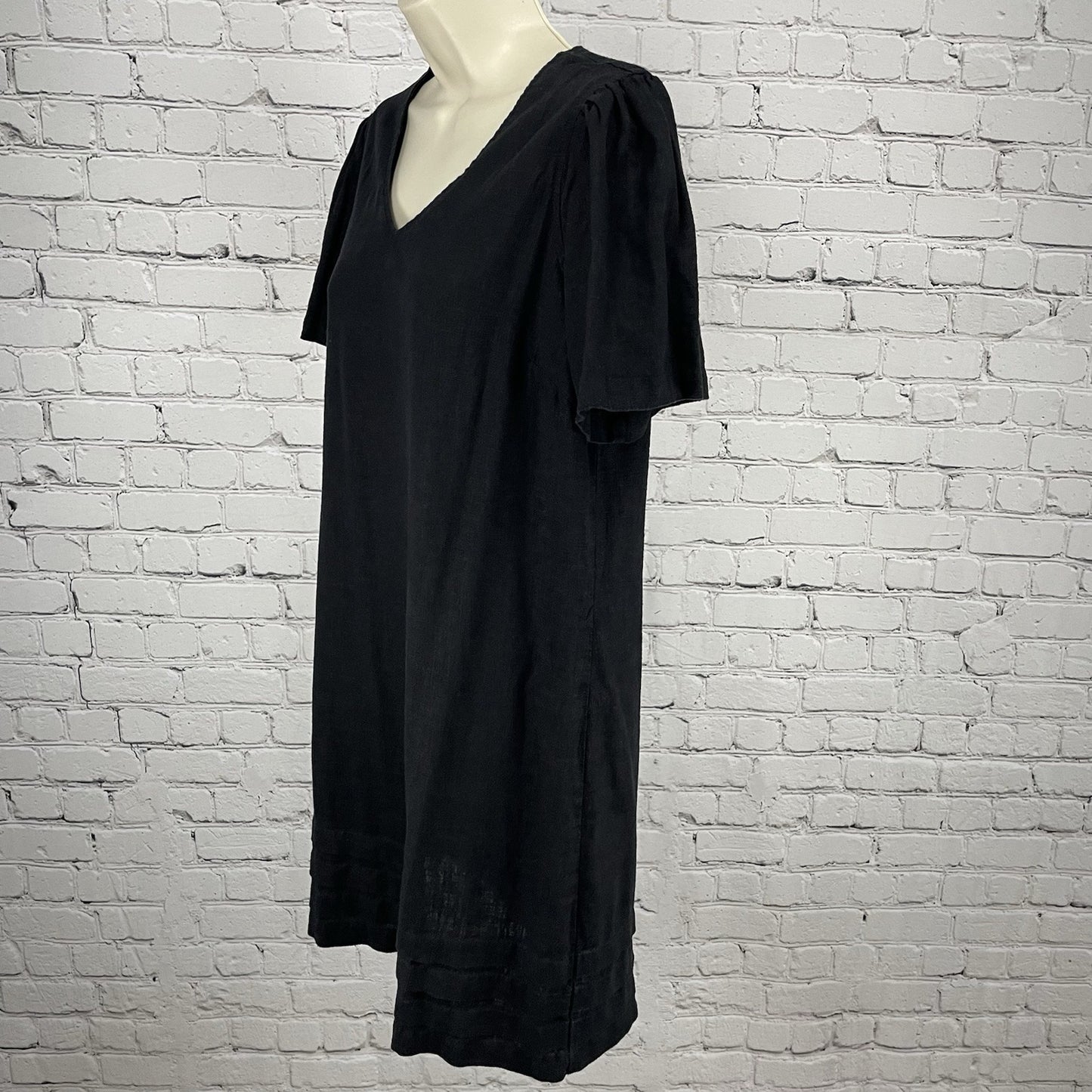 Nicole Miller Original Black Linen Blend Ruched Short Sleeve Dress Size Small S