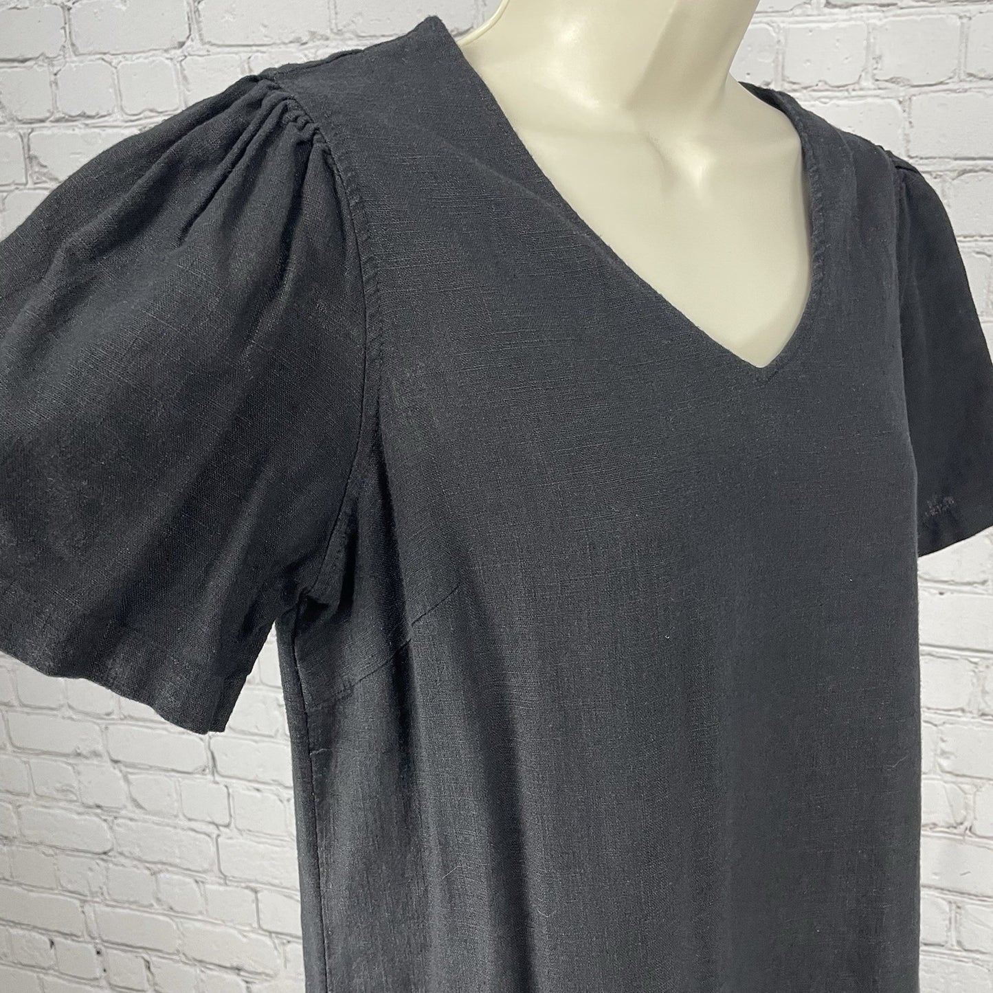 Nicole Miller Original Black Linen Blend Ruched Short Sleeve Dress Size Small S