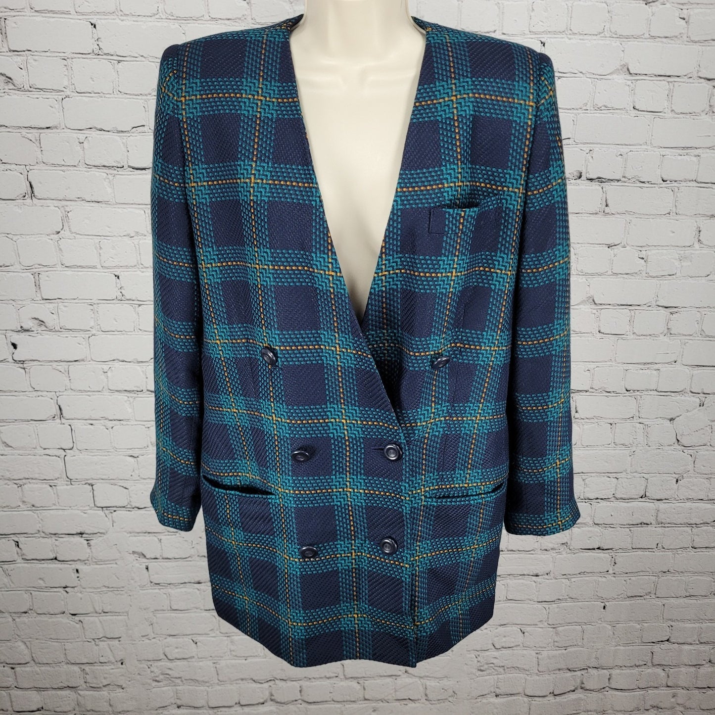 VTG Amanda Smith Blue Plaid Double Breasted Buttoned Jacket USA Made Size 8