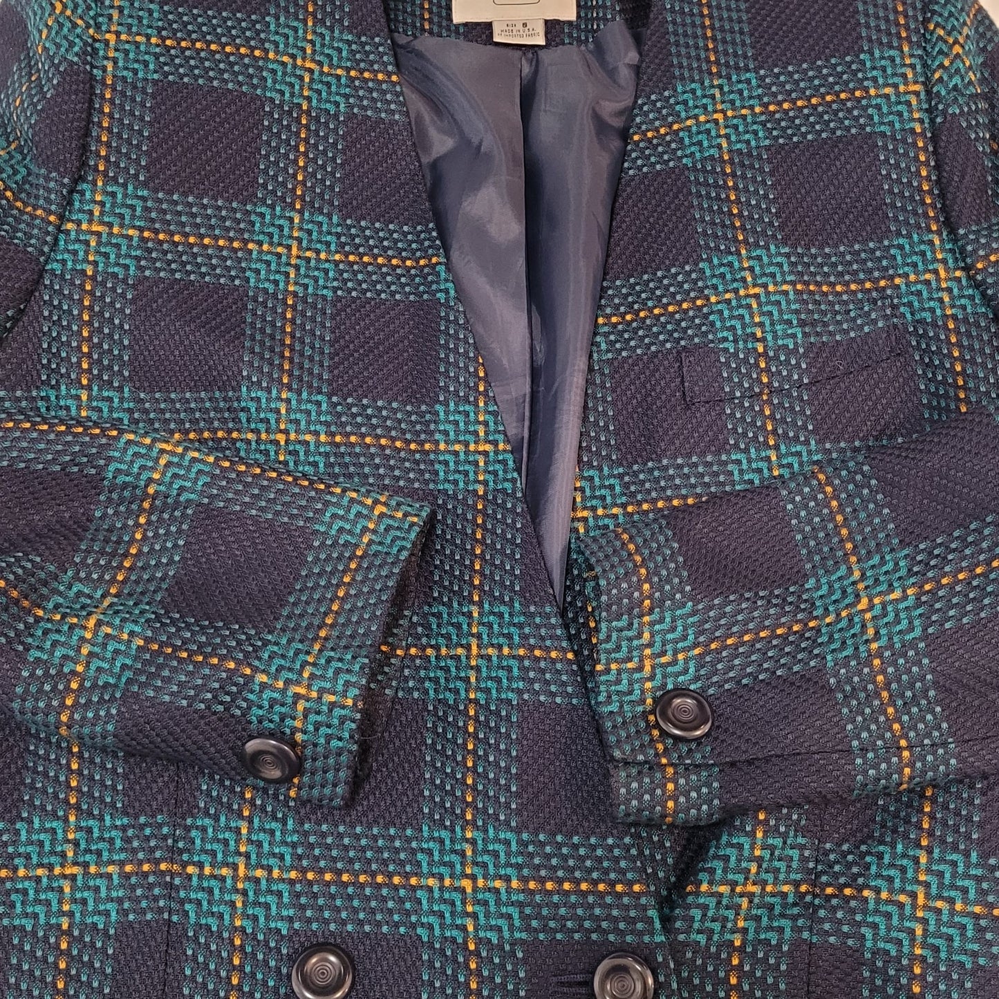 VTG Amanda Smith Blue Plaid Double Breasted Buttoned Jacket USA Made Size 8