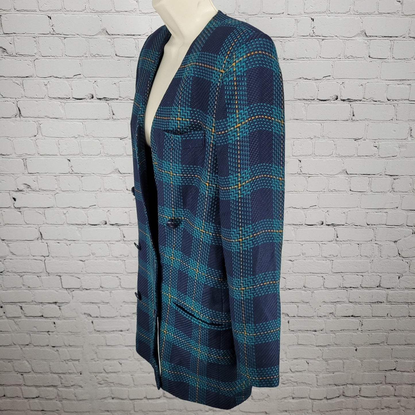 VTG Amanda Smith Blue Plaid Double Breasted Buttoned Jacket USA Made Size 8