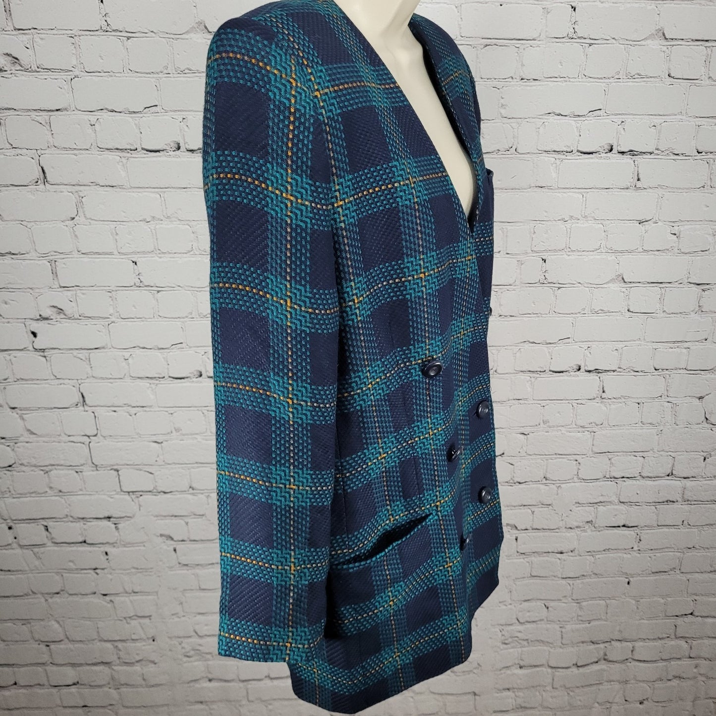 VTG Amanda Smith Blue Plaid Double Breasted Buttoned Jacket USA Made Size 8