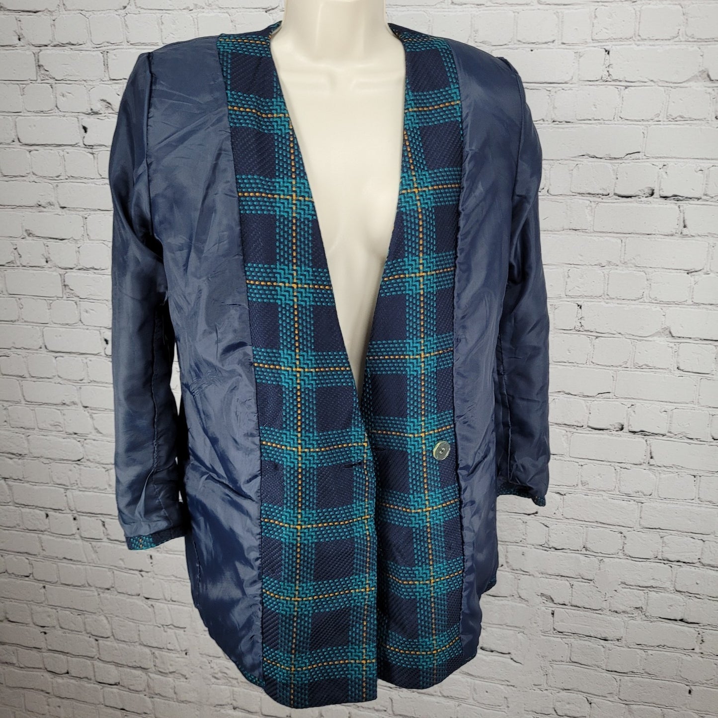VTG Amanda Smith Blue Plaid Double Breasted Buttoned Jacket USA Made Size 8