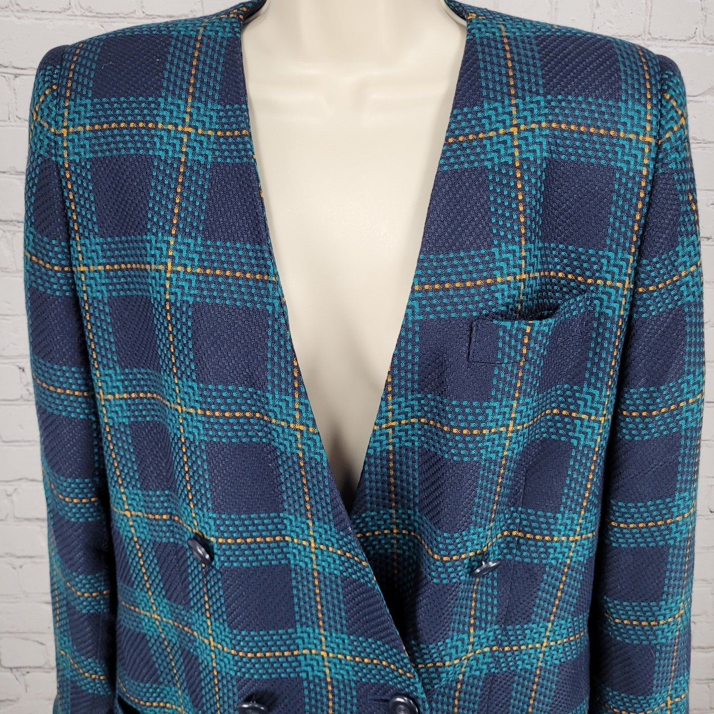VTG Amanda Smith Blue Plaid Double Breasted Buttoned Jacket USA Made Size 8