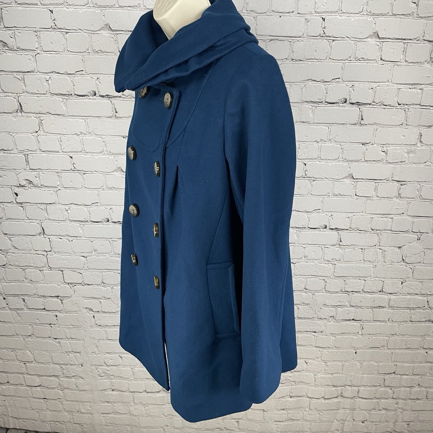 ABS Silver Label Blue Wool Blend Collared Lined Pockets Pea Coat Jacket Small S