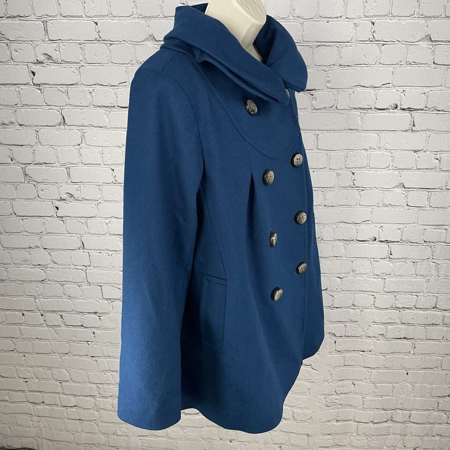 ABS Silver Label Blue Wool Blend Collared Lined Pockets Pea Coat Jacket Small S
