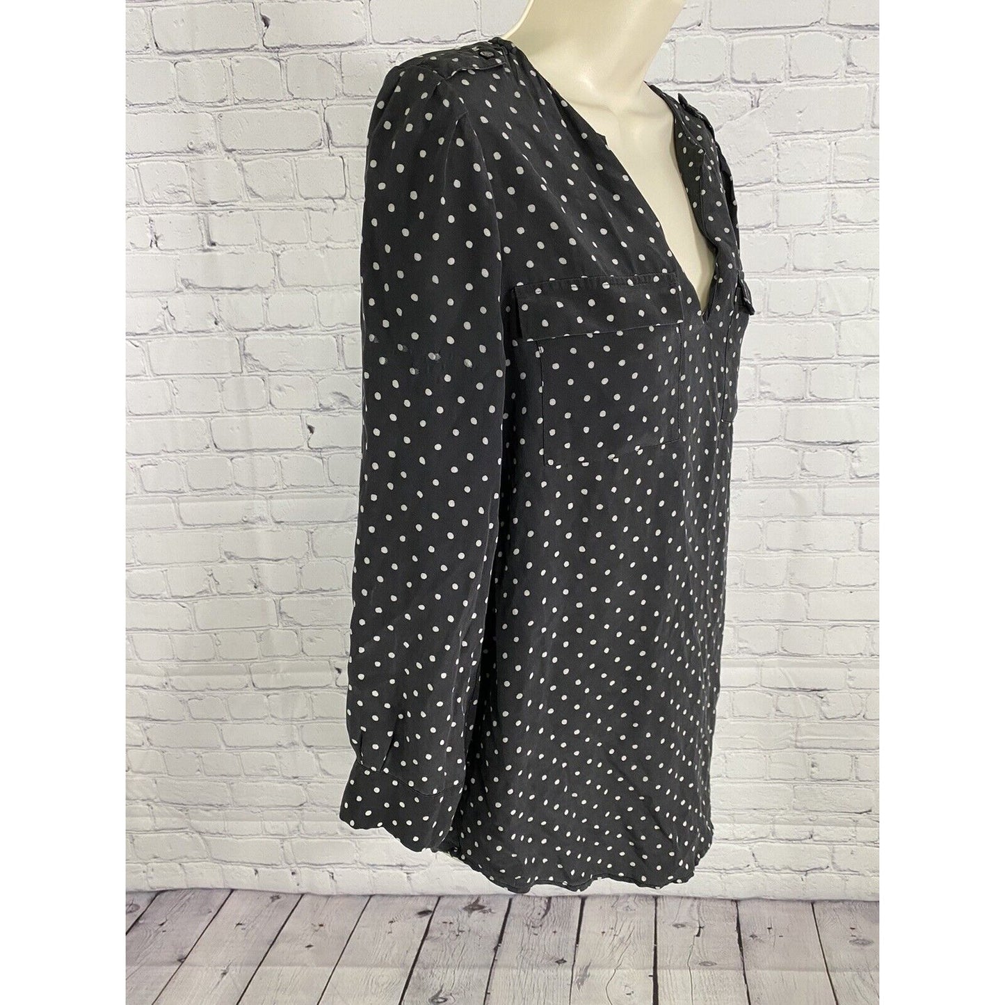 Joie Black White Polka Dot Front Pockets V Neck Silk Long Sleeve Blouse XS