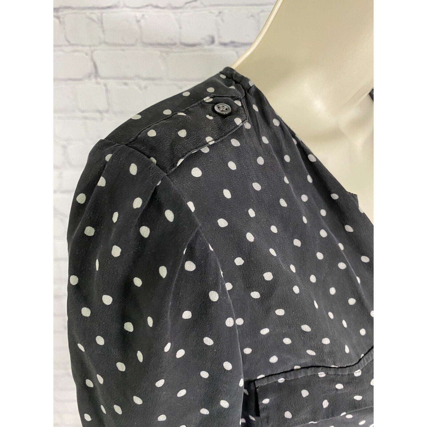 Joie Black White Polka Dot Front Pockets V Neck Silk Long Sleeve Blouse XS