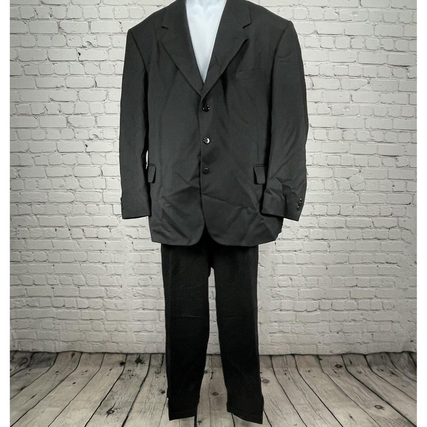 John Henry Black Pebbled Wool Suit 2 Piece Set Blazer Ventless 3 Button Size 48R