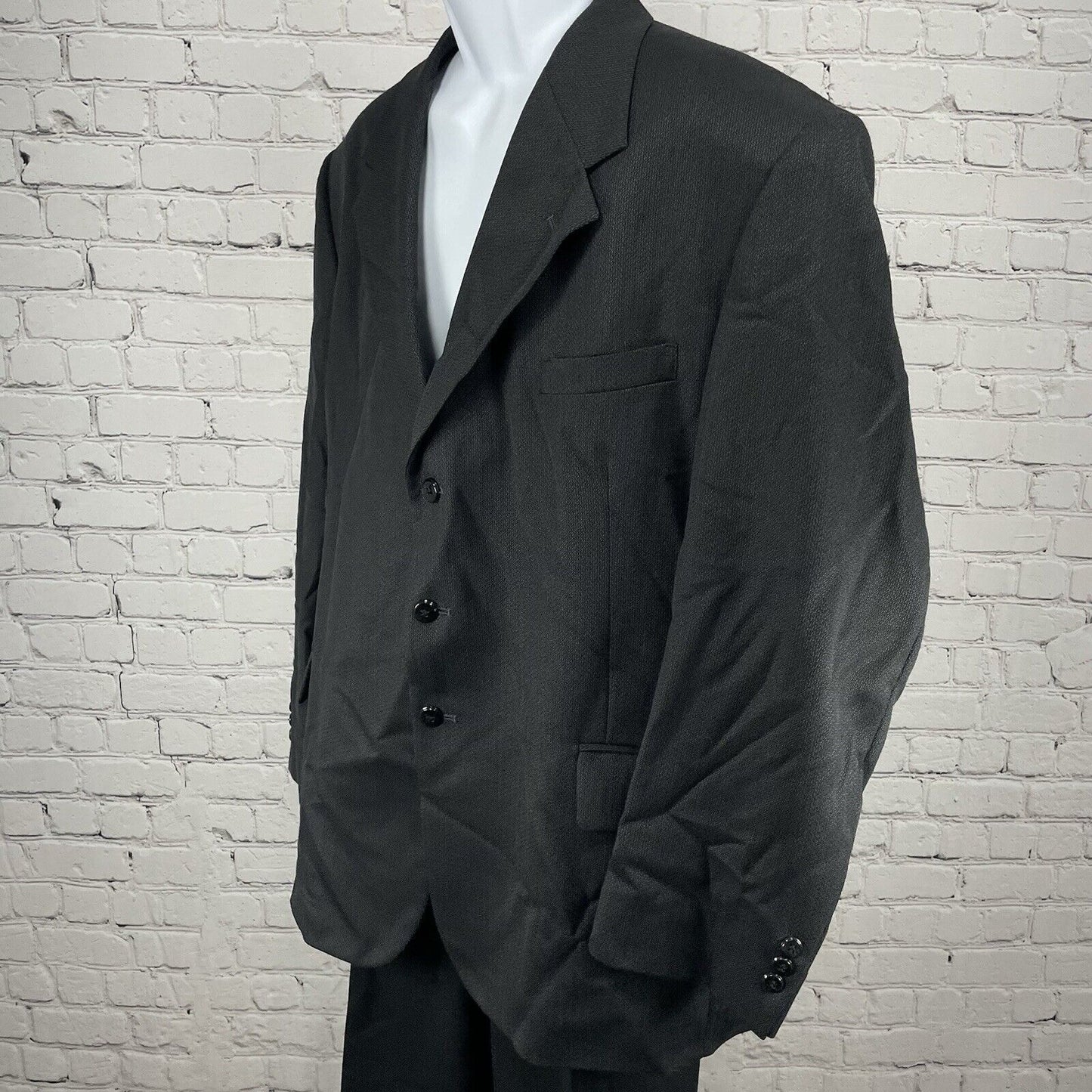 John Henry Black Pebbled Wool Suit 2 Piece Set Blazer Ventless 3 Button Size 48R