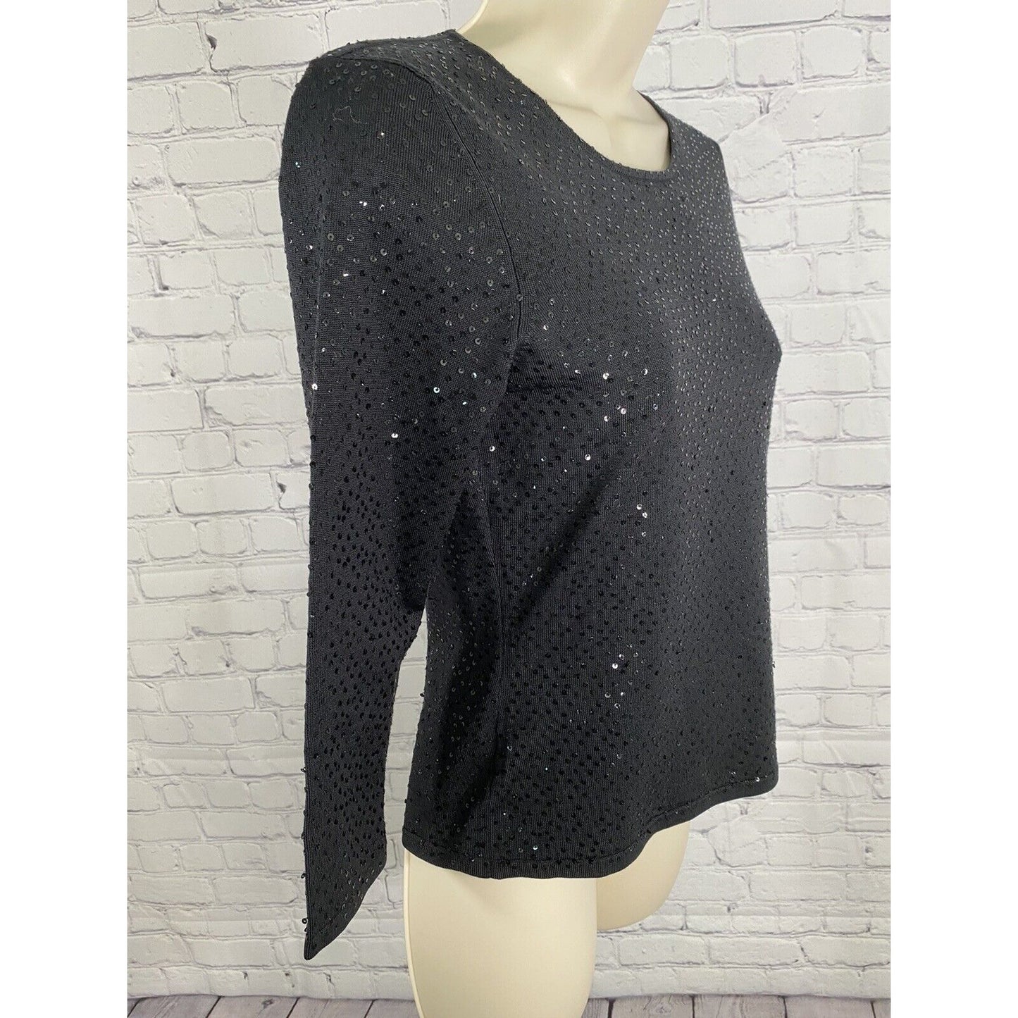 Ann Taylor 3/4 Sleeve Pullover Silk Blend Sequined Black Shirt Sweater Blouse XS