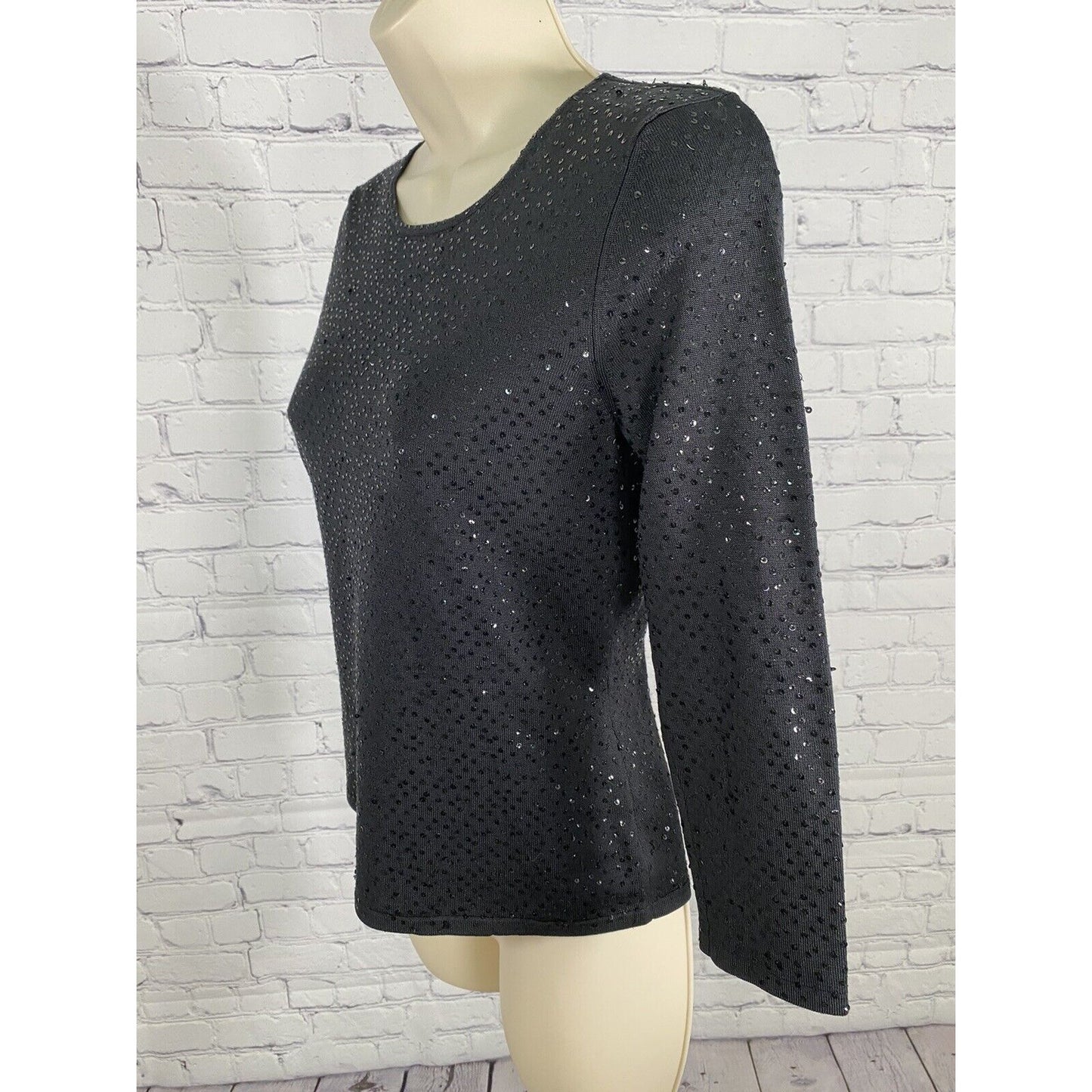 Ann Taylor 3/4 Sleeve Pullover Silk Blend Sequined Black Shirt Sweater Blouse XS
