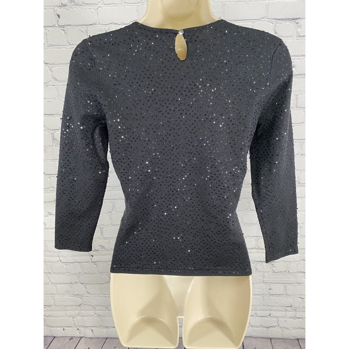 Ann Taylor 3/4 Sleeve Pullover Silk Blend Sequined Black Shirt Sweater Blouse XS