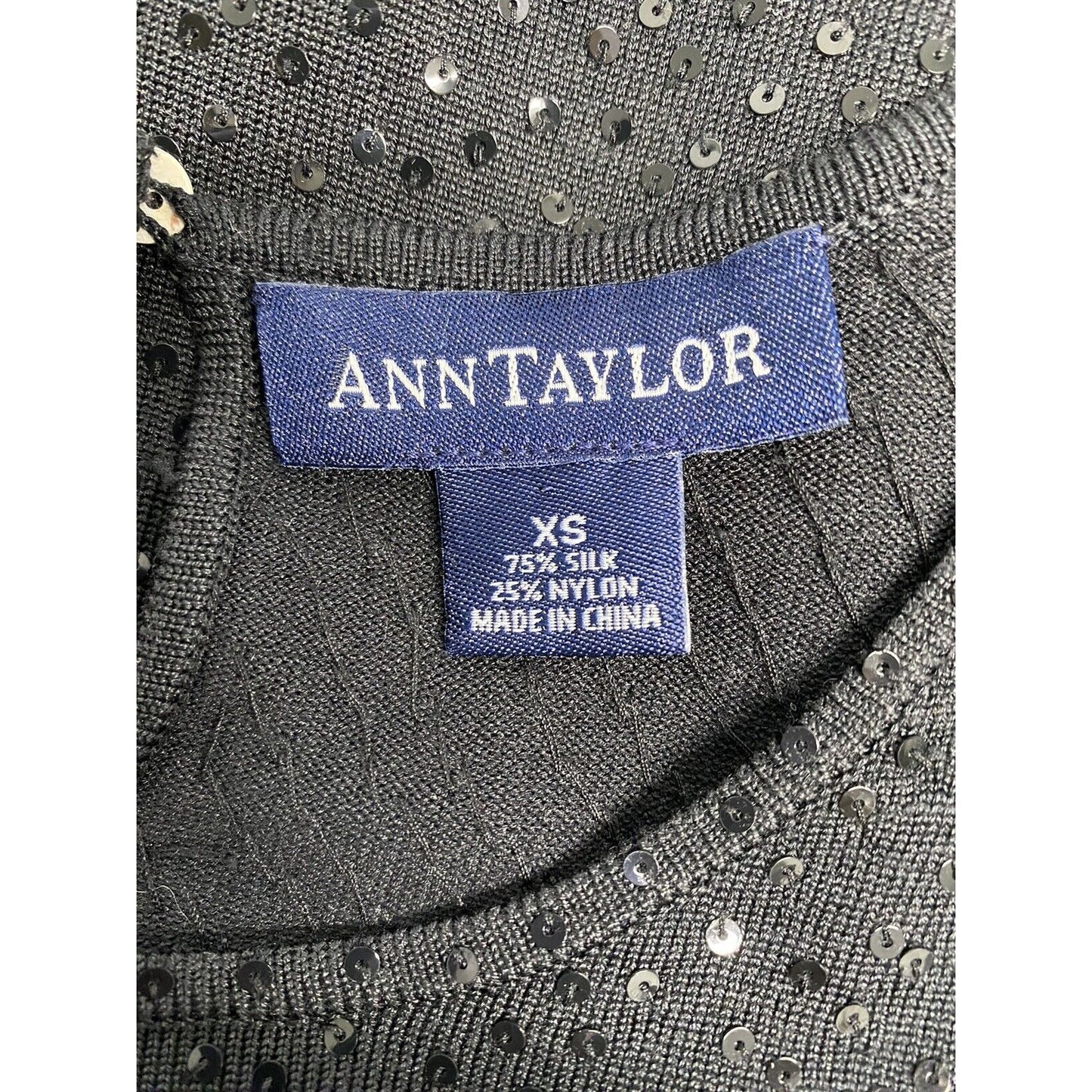 Ann Taylor 3/4 Sleeve Pullover Silk Blend Sequined Black Shirt Sweater Blouse XS