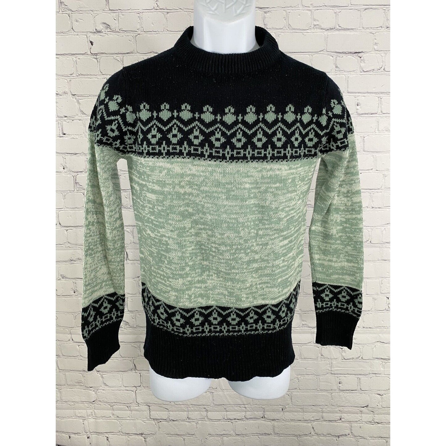 VTG Montgomery Ward Black Green Cable Knit Pullover Long Sleeve Sweater Mens 34