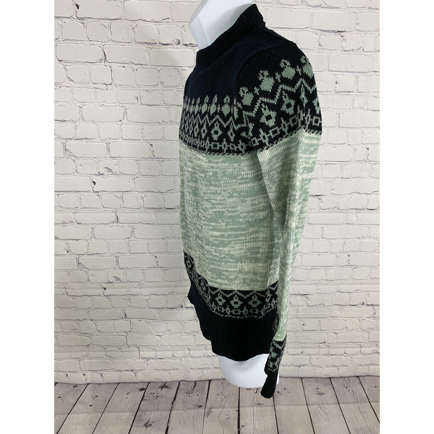 VTG Montgomery Ward Black Green Cable Knit Pullover Long Sleeve Sweater Mens 34