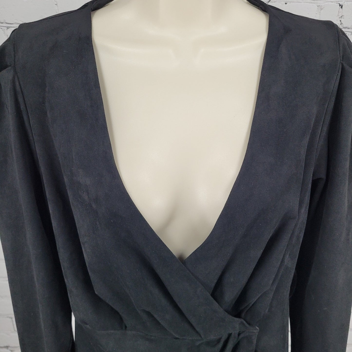 Zara Black Soft Suede Like Stretch Plunge Long Sleeve Wrap Dress Size Medium M