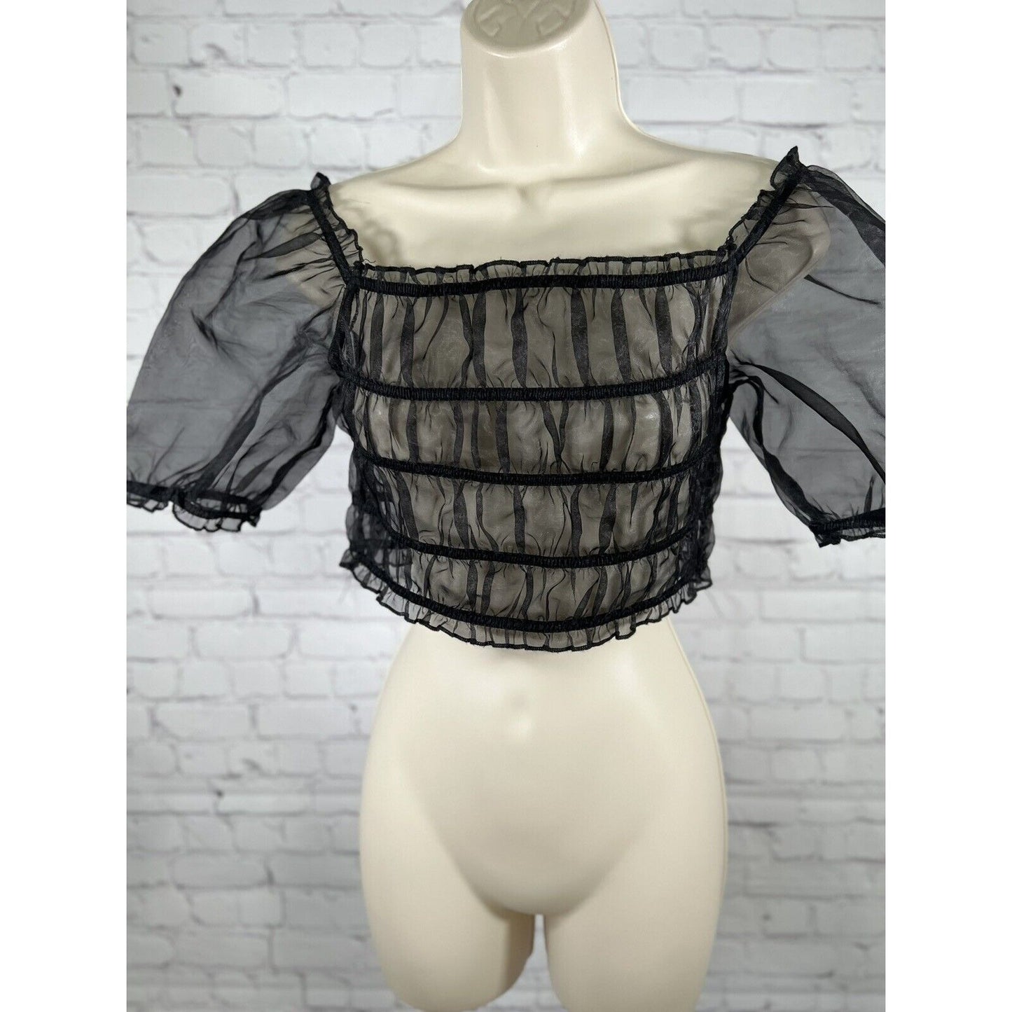 LIONESS Stop Motion Sheer Ruched Puff Off The Shoulder Sleeve Crop Top Black S