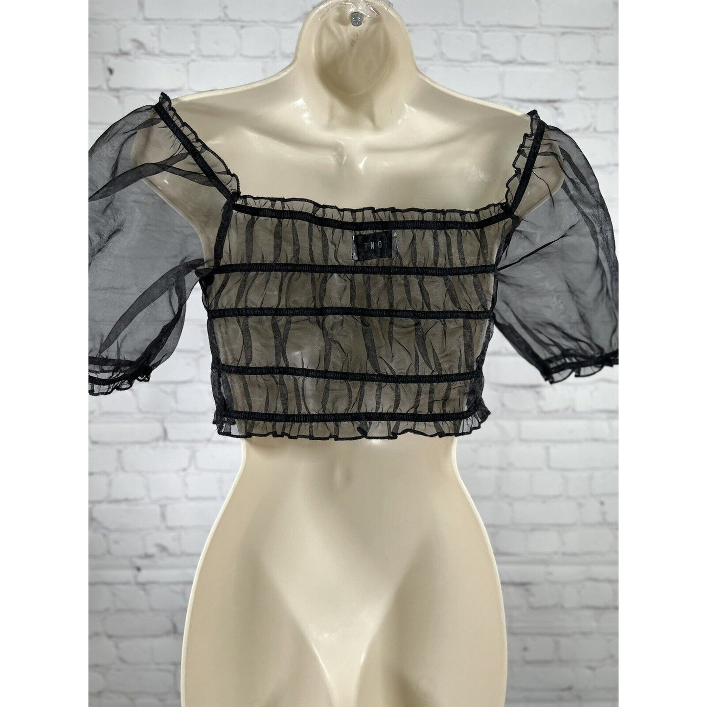 LIONESS Stop Motion Sheer Ruched Puff Off The Shoulder Sleeve Crop Top Black S