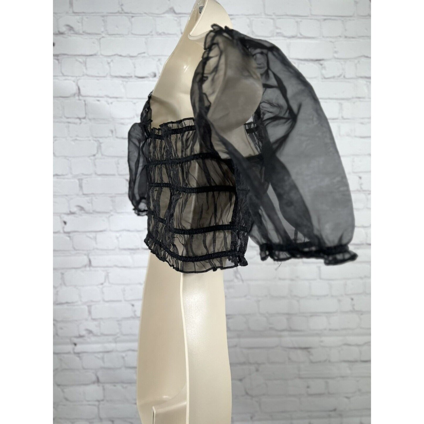 LIONESS Stop Motion Sheer Ruched Puff Off The Shoulder Sleeve Crop Top Black S