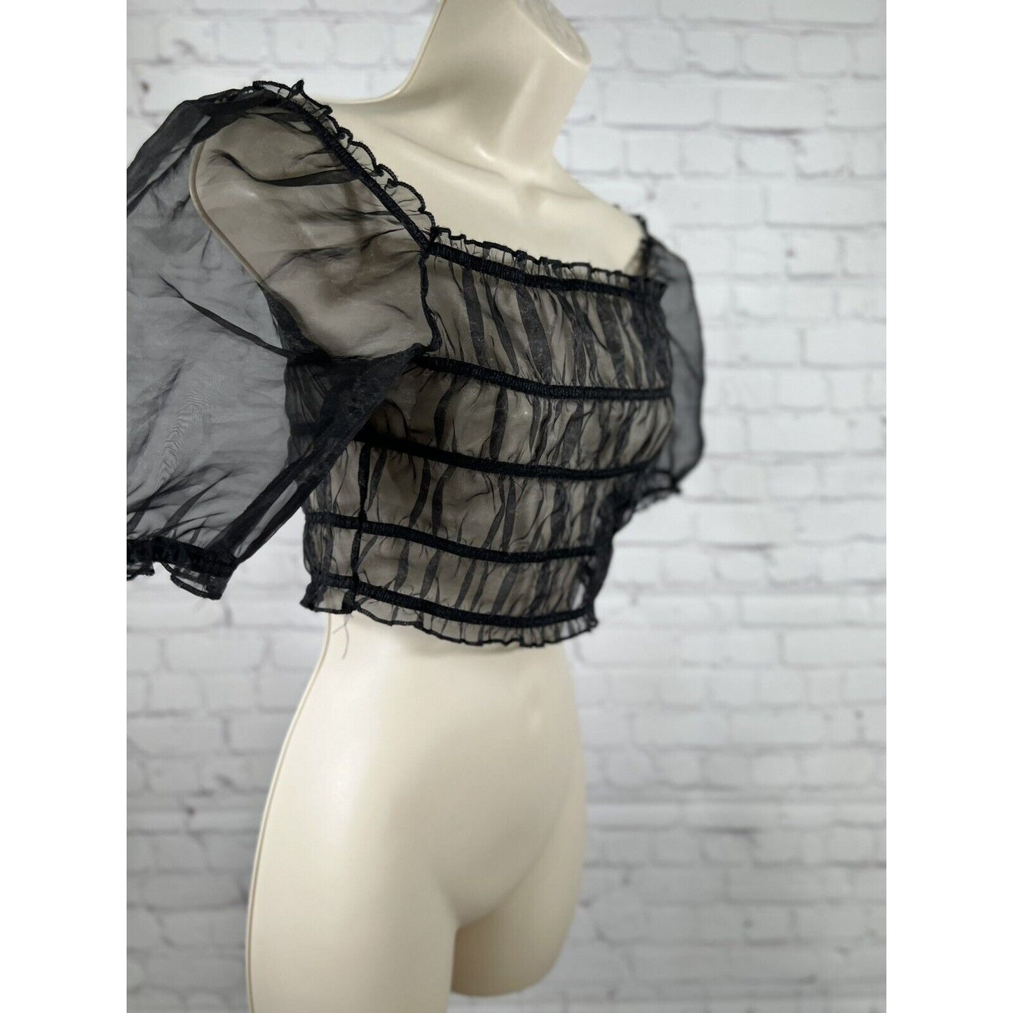 LIONESS Stop Motion Sheer Ruched Puff Off The Shoulder Sleeve Crop Top Black S