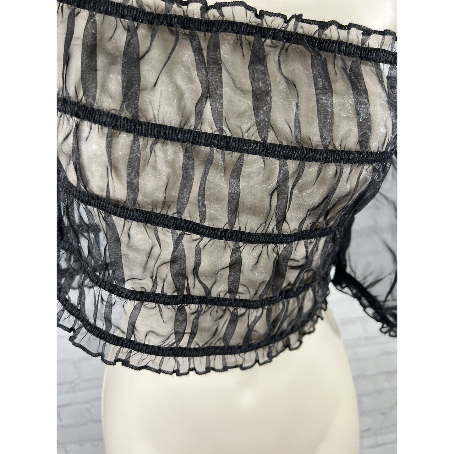 LIONESS Stop Motion Sheer Ruched Puff Off The Shoulder Sleeve Crop Top Black S