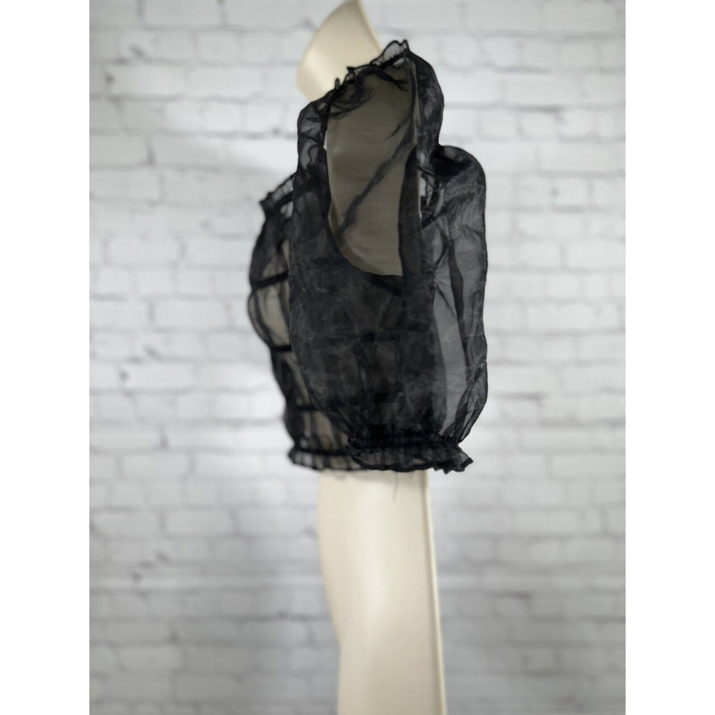 LIONESS Stop Motion Sheer Ruched Puff Off The Shoulder Sleeve Crop Top Black S