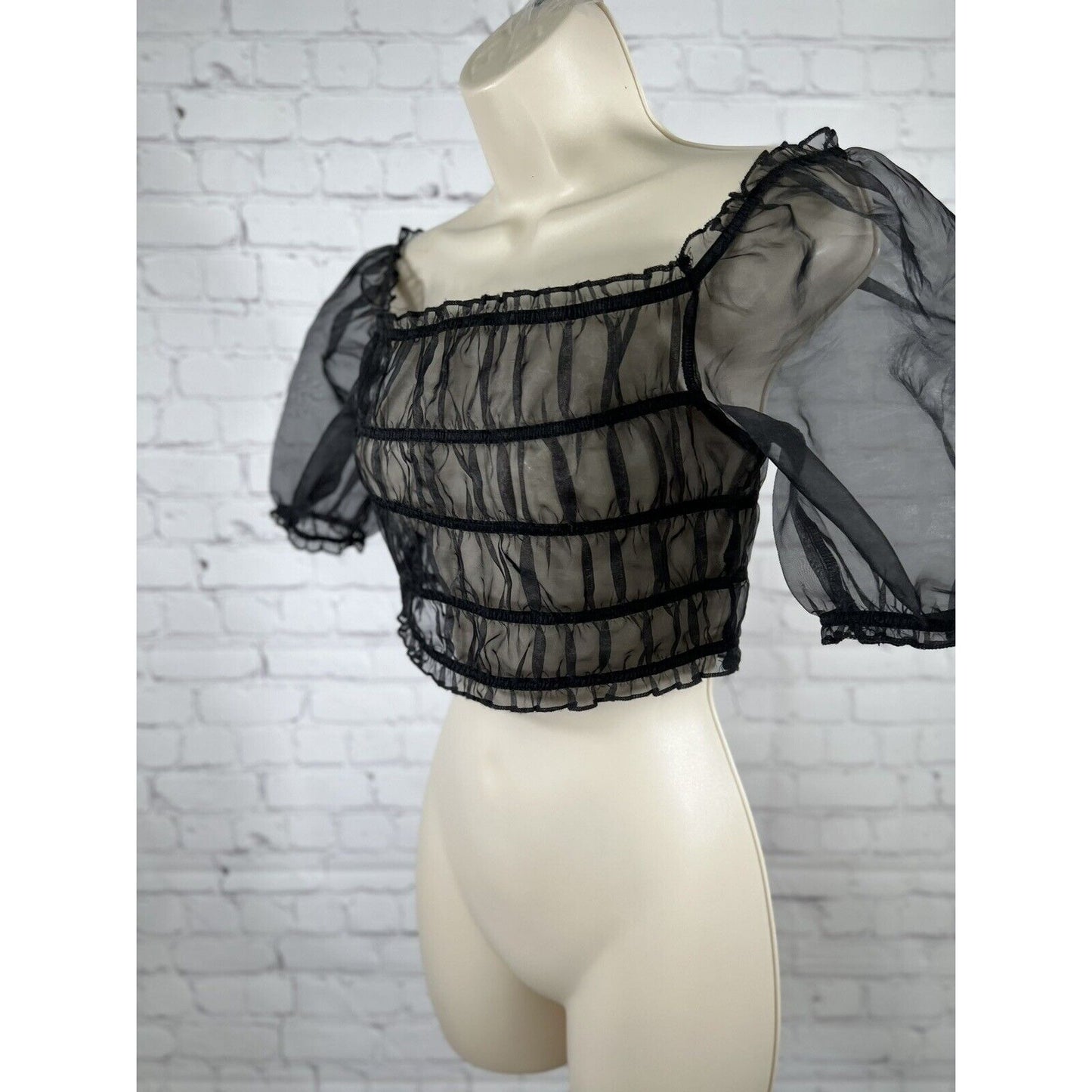 LIONESS Stop Motion Sheer Ruched Puff Off The Shoulder Sleeve Crop Top Black S