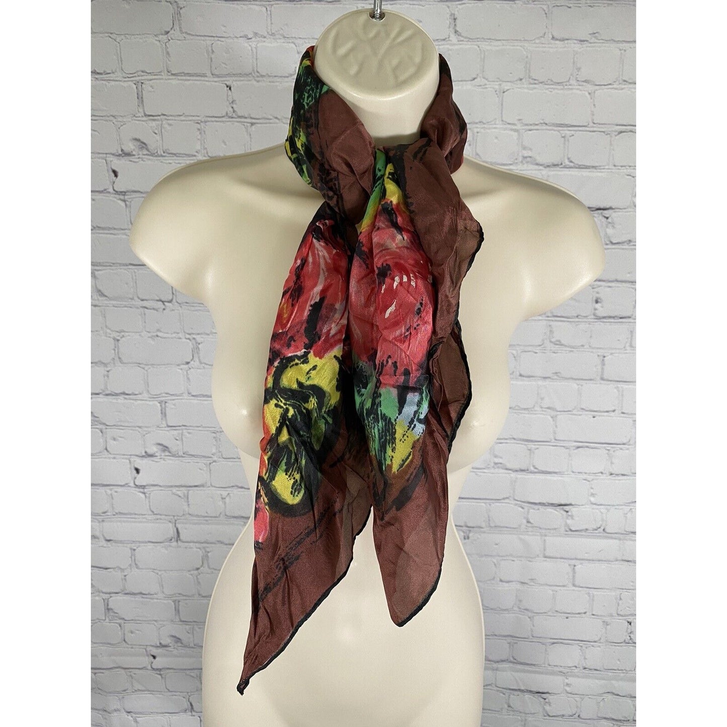 Embossed Brown Flower Pattern Square Semi Sheer Neck Scarf Japan Made (30x30)