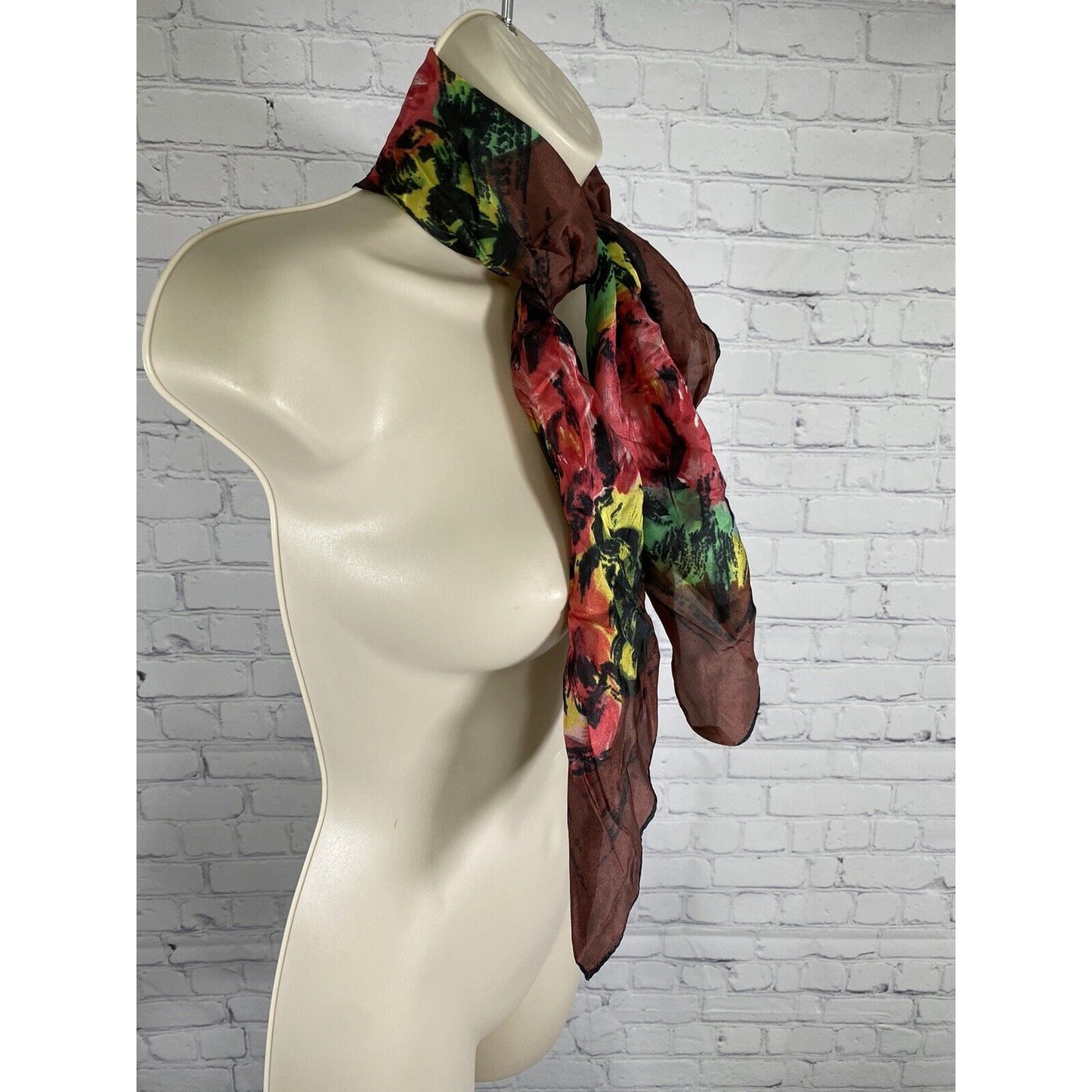 Embossed Brown Flower Pattern Square Semi Sheer Neck Scarf Japan Made (30x30)