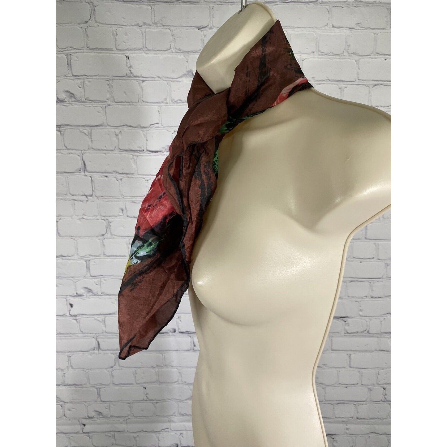 Embossed Brown Flower Pattern Square Semi Sheer Neck Scarf Japan Made (30x30)