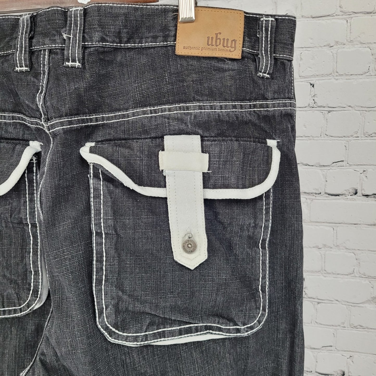 Ubug Black Denim 100% Cotton White Stitching Relaxed Jeans Y2K 44x33 (42x33)