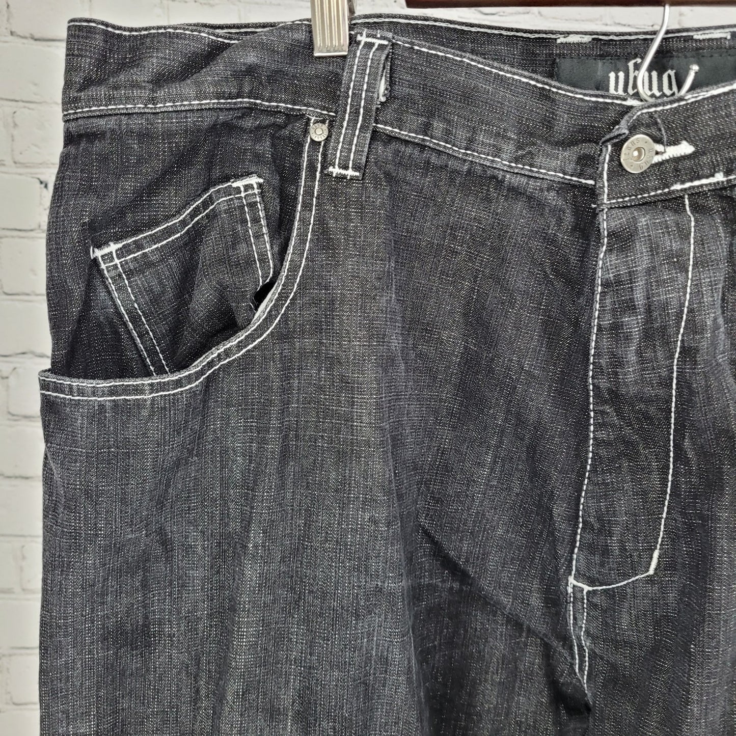 Ubug Black Denim 100% Cotton White Stitching Relaxed Jeans Y2K 44x33 (42x33)