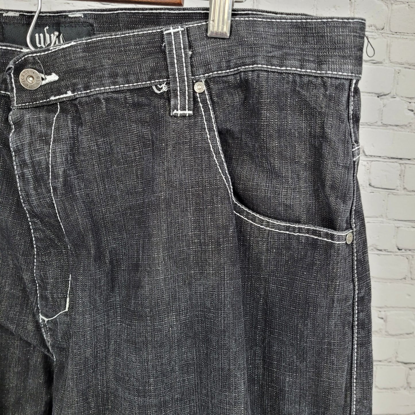 Ubug Black Denim 100% Cotton White Stitching Relaxed Jeans Y2K 44x33 (42x33)