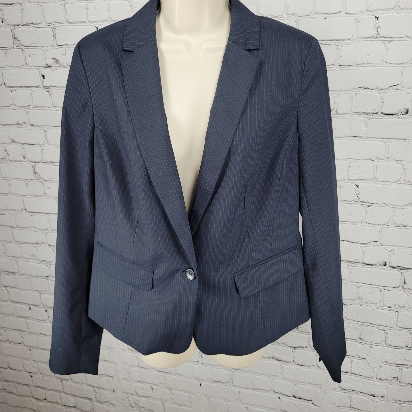 Ann Taylor Navy Pinstriped 1 Button Notch Lightweight Blazer Jacket Size 10