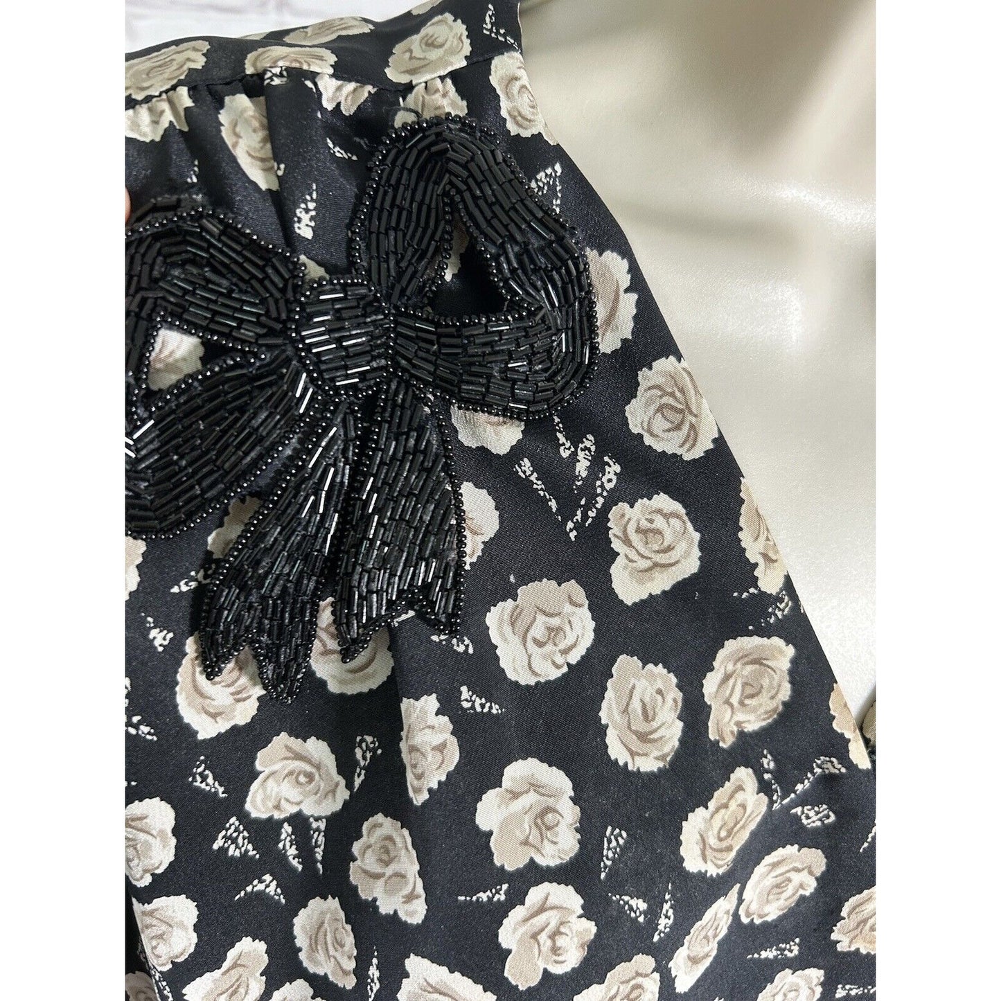 VTG Jo Hanna York Joan Davis Black Floral V Neck Shoulder Pad Faux Wrap Dress XL