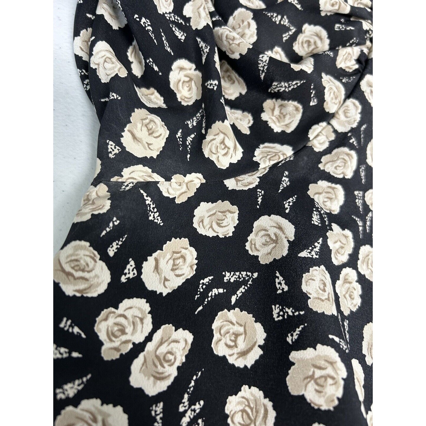 VTG Jo Hanna York Joan Davis Black Floral V Neck Shoulder Pad Faux Wrap Dress XL