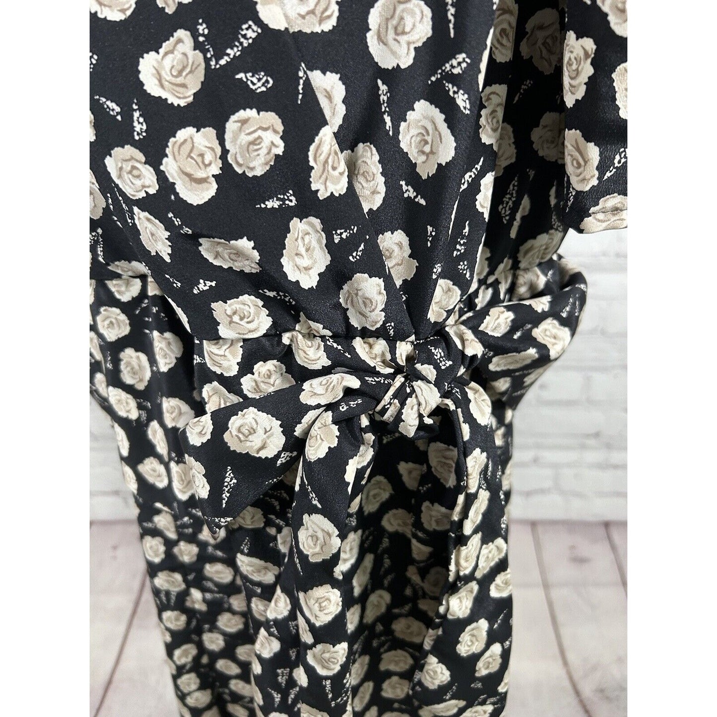 VTG Jo Hanna York Joan Davis Black Floral V Neck Shoulder Pad Faux Wrap Dress XL