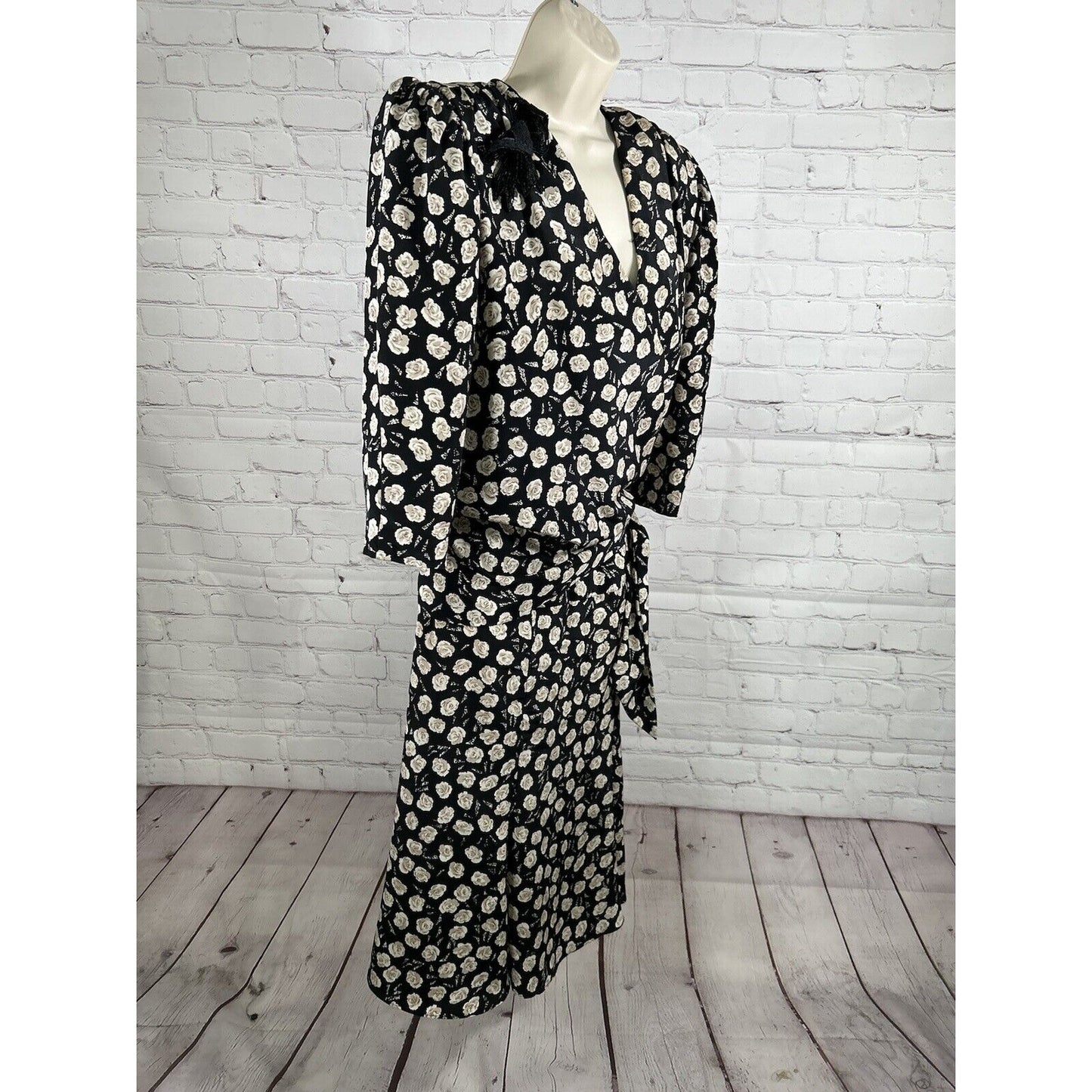 VTG Jo Hanna York Joan Davis Black Floral V Neck Shoulder Pad Faux Wrap Dress XL
