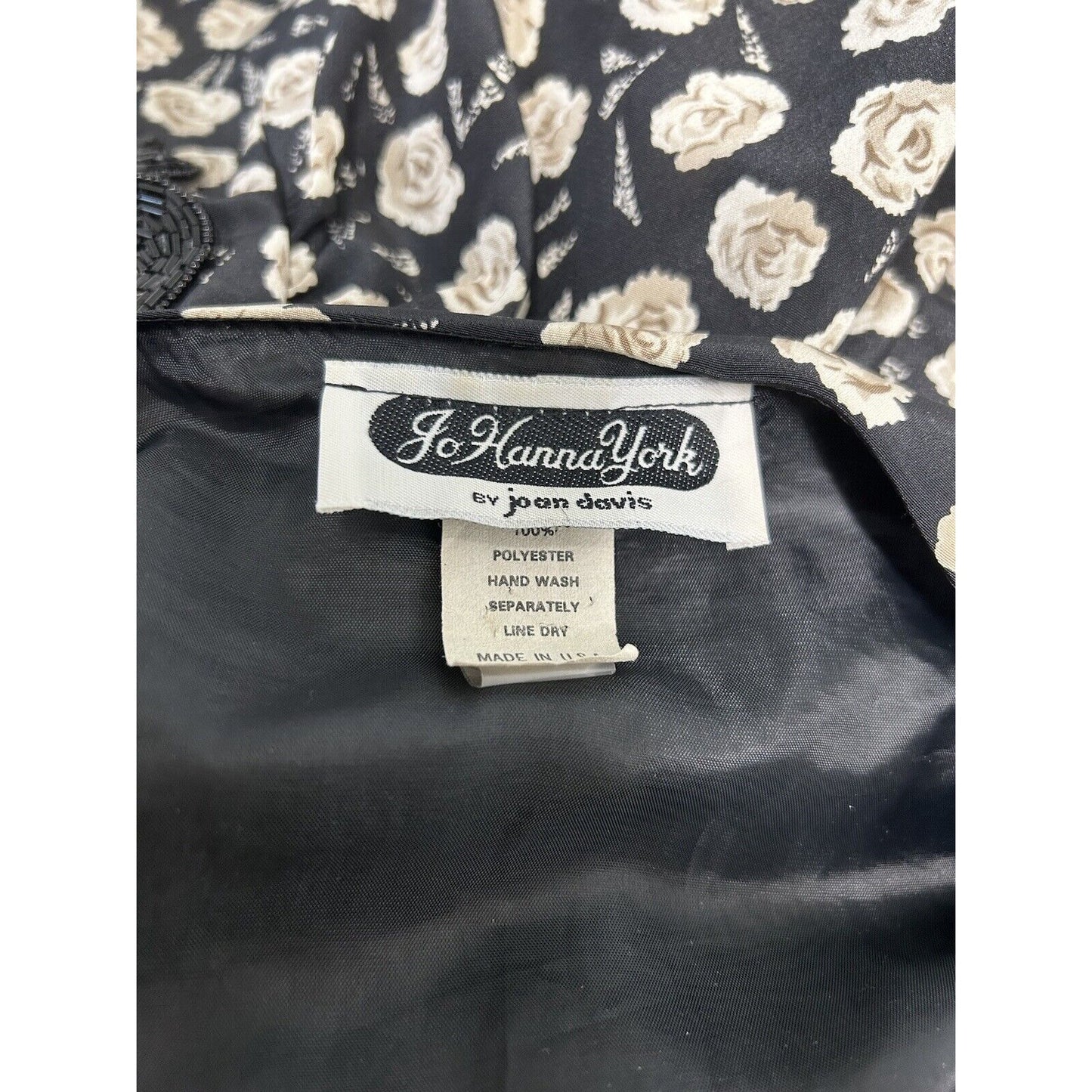 VTG Jo Hanna York Joan Davis Black Floral V Neck Shoulder Pad Faux Wrap Dress XL
