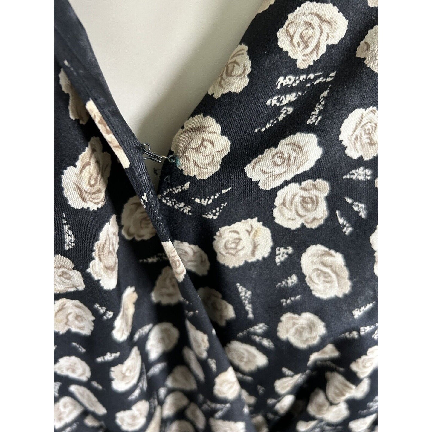 VTG Jo Hanna York Joan Davis Black Floral V Neck Shoulder Pad Faux Wrap Dress XL